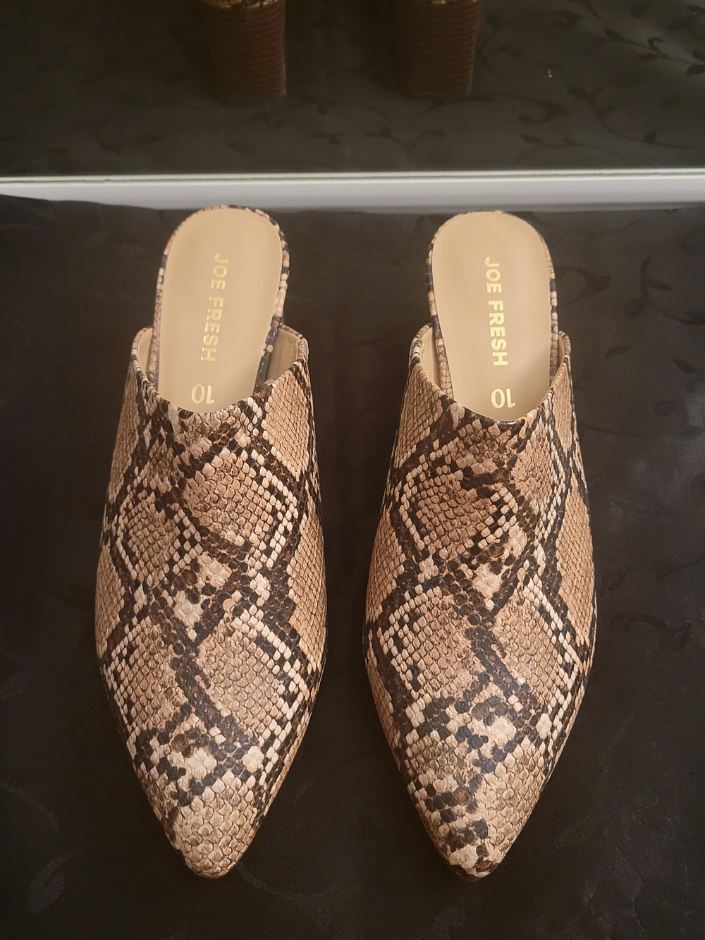 Joe Fresh Women's Tan Snake-Print Pointed Mules